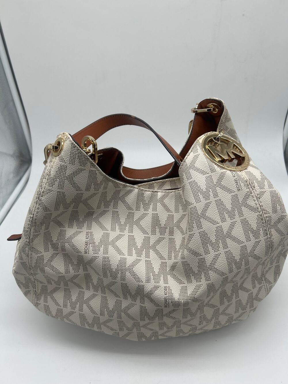 Michael Kors Signature Logo Monogram Hobo Shoulder Bag Cream Gold Classic